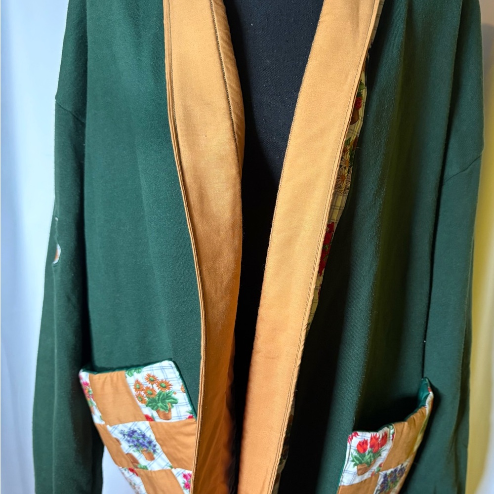 Vintage Handmade Green Large Quilted Cardigan 3D Flowers Cottage Core